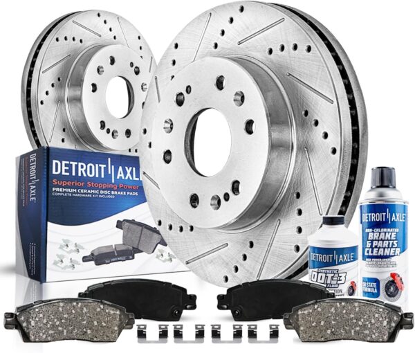Detroit Axle - Front Brake Kit for Chevy GMC Silverado Sierra Express Suburban Savana Yukon XL 1500 Avalanche Tahoe Drilled & Slotted Disc Brake Rotors Replacement Ceramic Brakes Pads