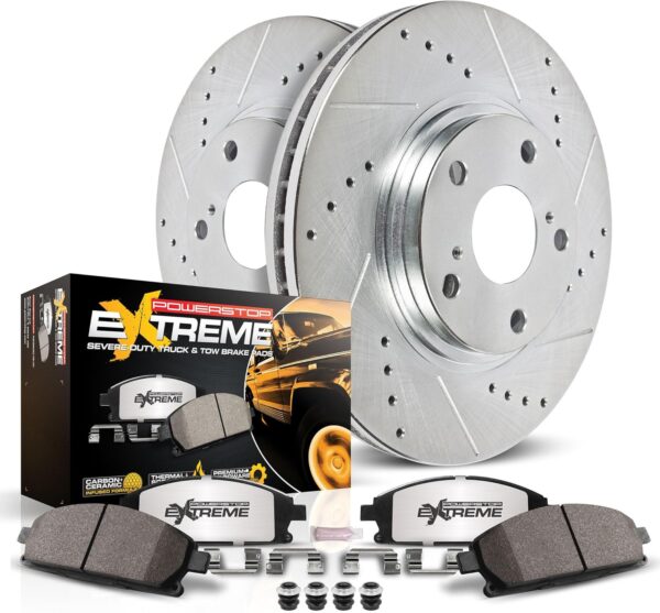 Power Stop Front Brake Kit For 08-20 Cadillac Escalade, 07-18 Chevy Silverado 1500, 08-20 Tahoe, 07-18 GMC Sierra 1500, 08-20 Yukon - Drilled Slotted Rotors & Ceramic Brake Pads Replacement, K2069-36