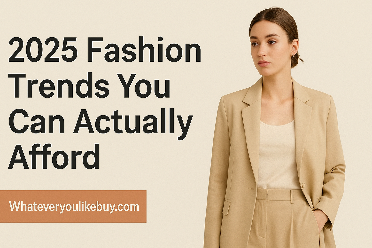 Woman wearing minimalist beige outfit representing 2025 affordable fashion trends from Whateveryoulikebuy.com