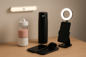 Top viral Amazon gadgets 2025 – smart LED motion light, portable blender, reusable smart bottle, wireless charging pad, and phone ring light on modern minimalist workspace.