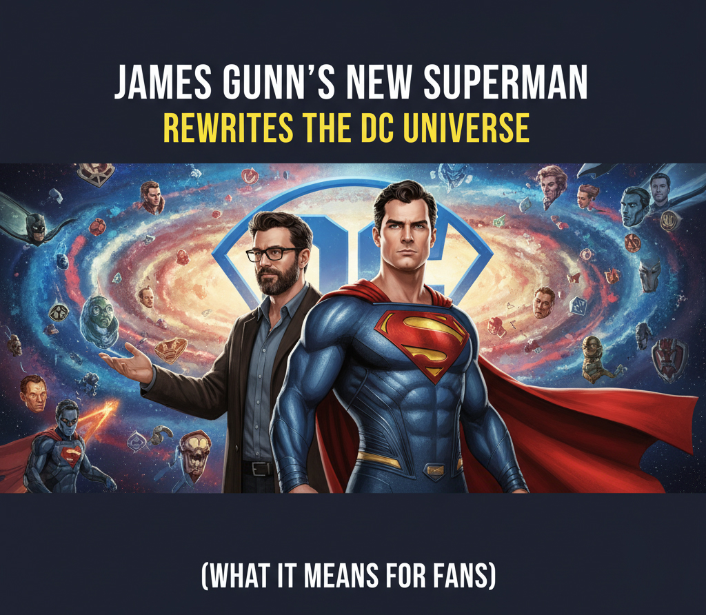An illustration of James Gunn and the new Superman standing before a cosmic map of the new DC Universe, symbolizing its rewrite.